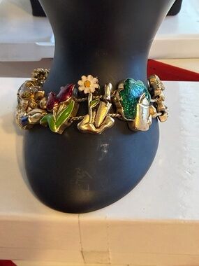 Gold-Tone Floral and Garden Charm Bracelet - Green, Red, White Glitter Enamel 7”